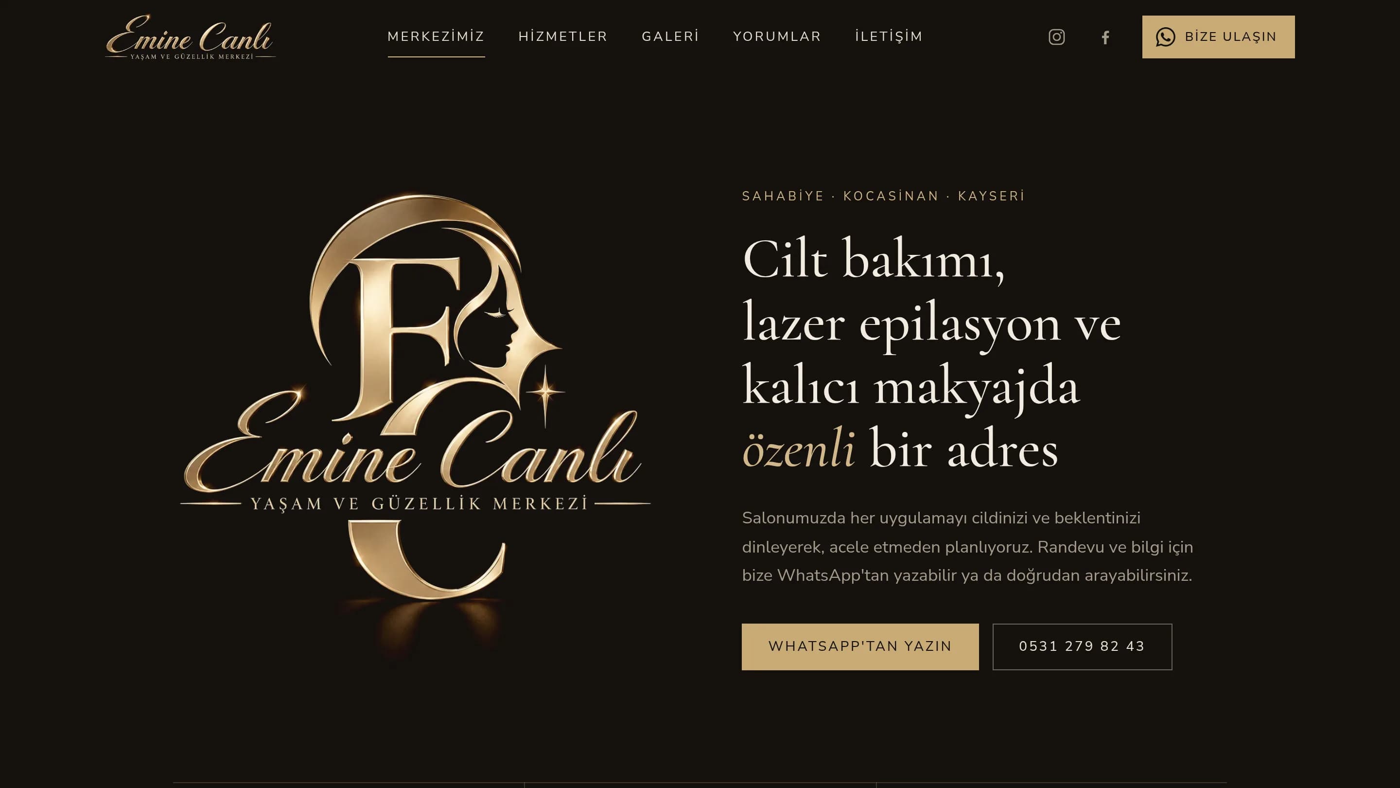 Emine Canlı Beauty Centre homepage: gold logo and serif heading on a dark ground