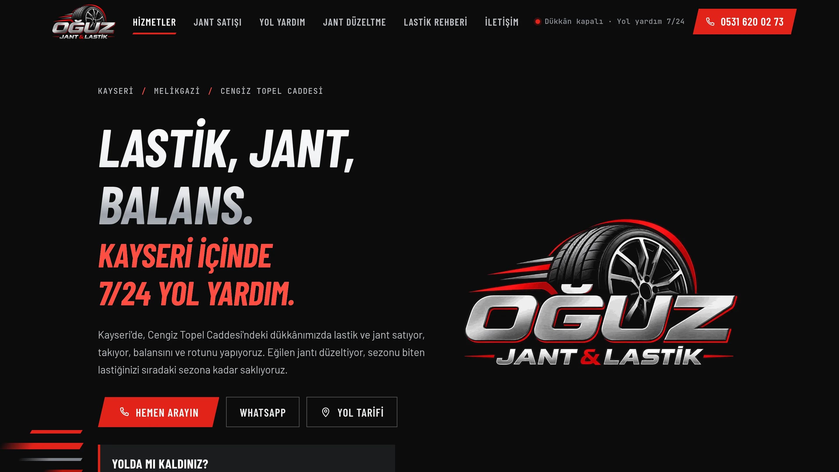 Oğuz Jant & Lastik homepage: large heading on a dark background, the shop's logo and an immediate call button
