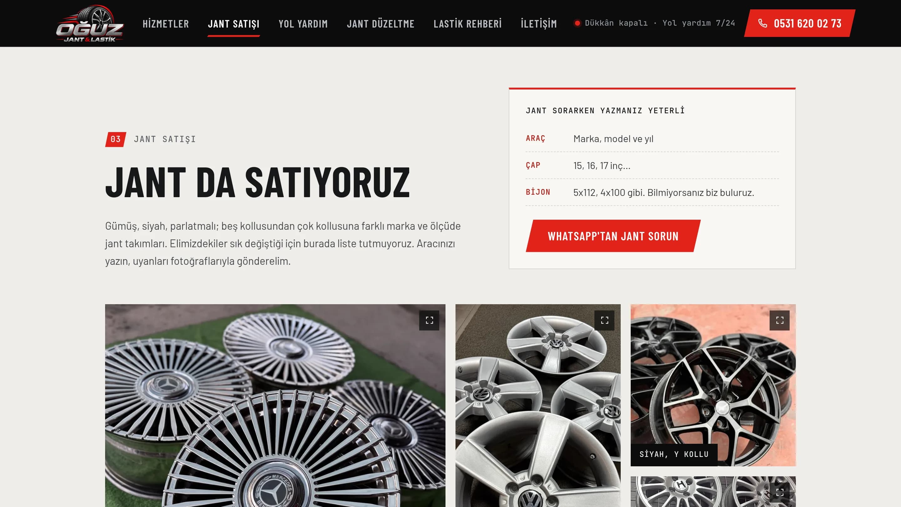 Wheel sales section: a short form for sizes and the shop's own wheel photos