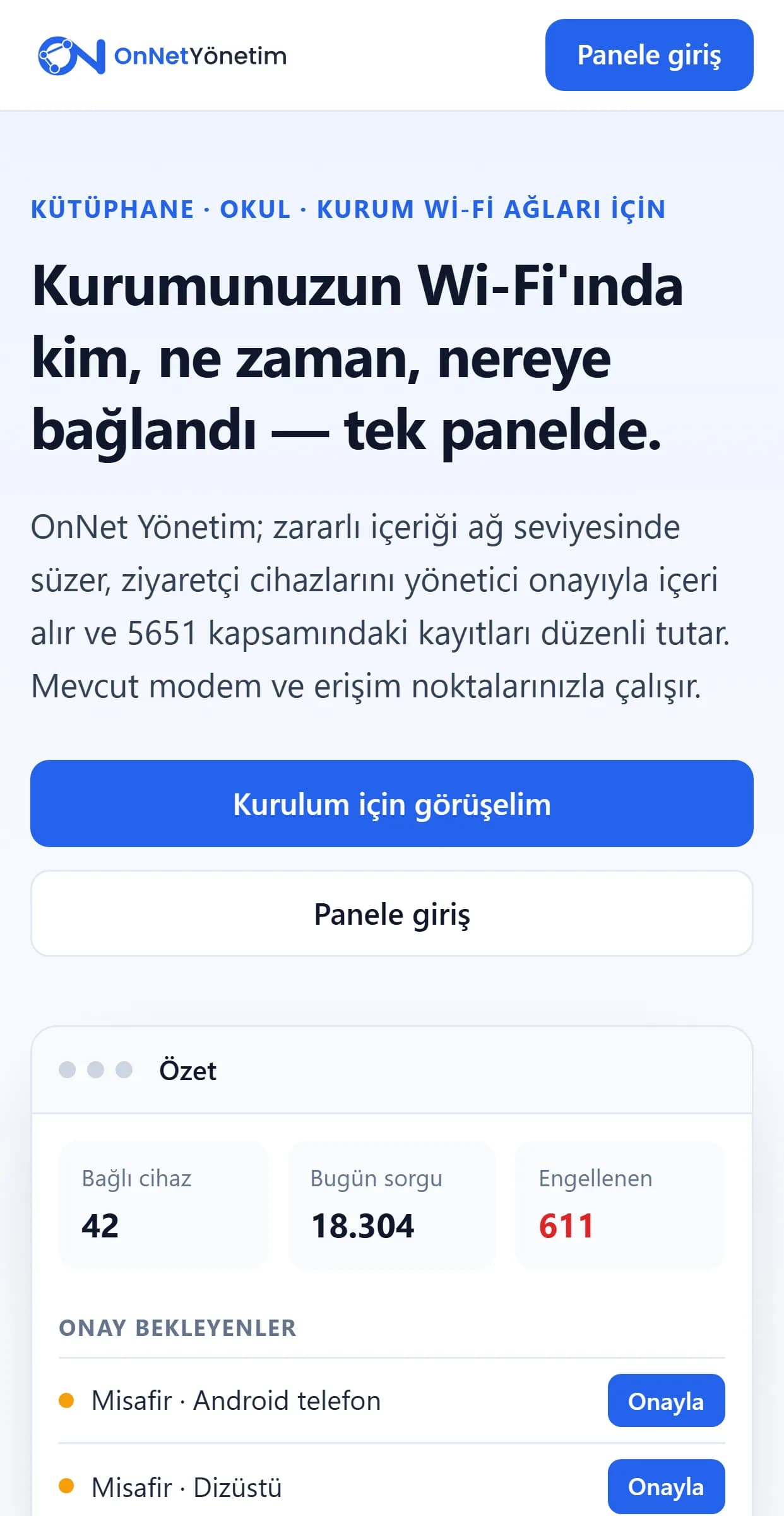 Tanıtım sayfasının telefon görünümü: başlık, kurulum düğmesi ve örnek panel özeti