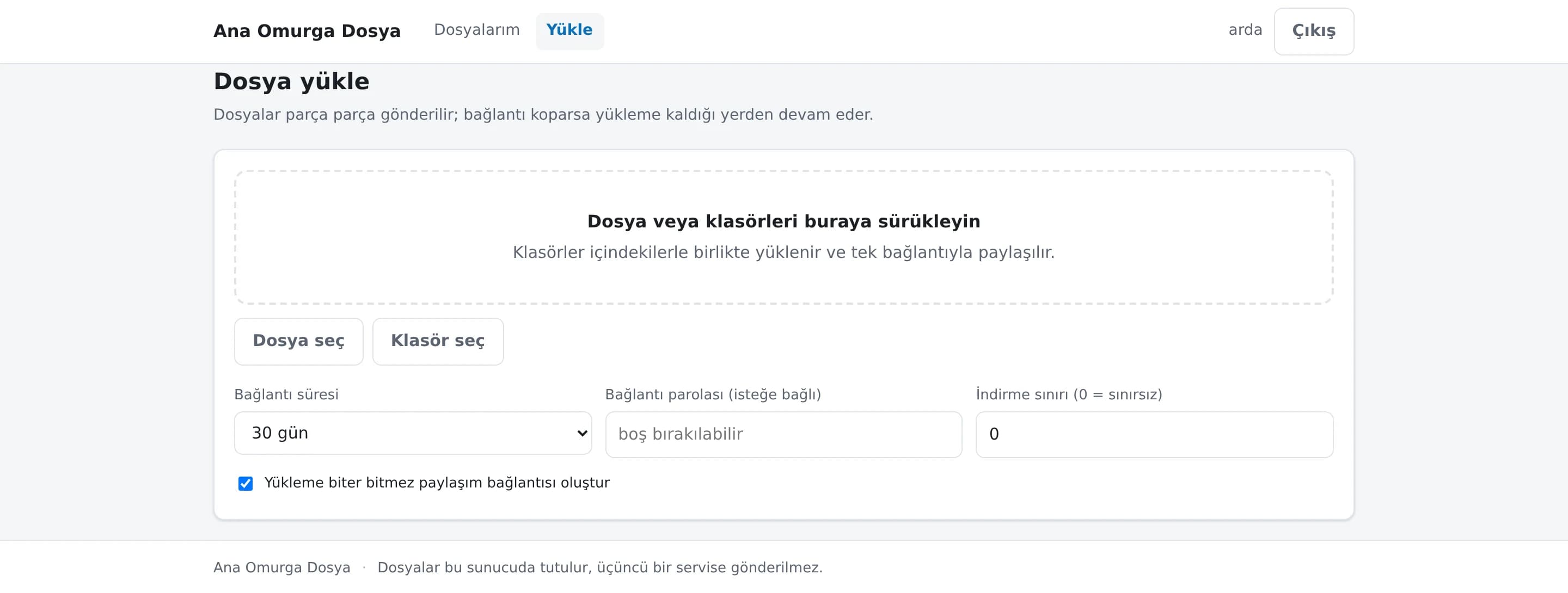 Dosya yükleme ekranı: sürükle-bırak alanı, bağlantı süresi, bağlantı parolası ve indirme sınırı seçenekleri