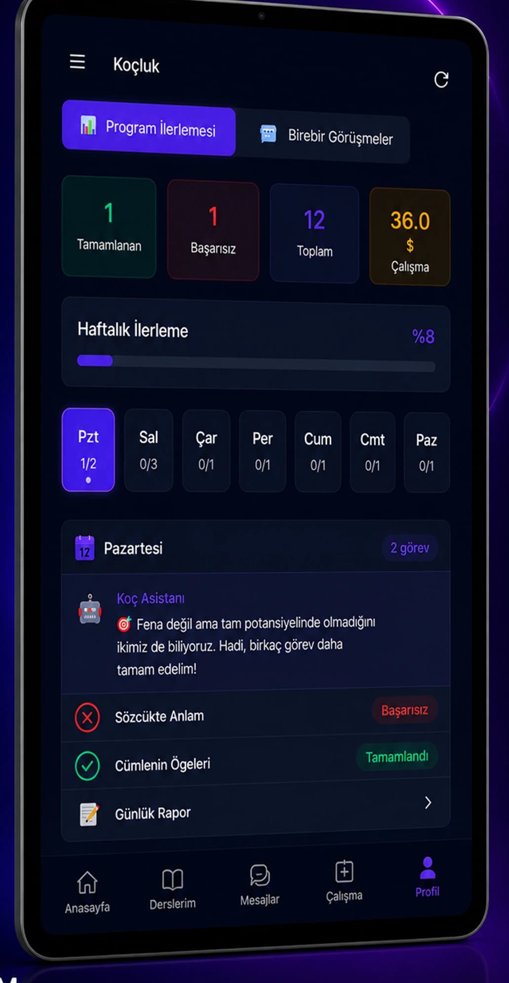 Koçluk ekranı: haftalık plan, tamamlanan ve bekleyen görevler, günlük rapor girişi