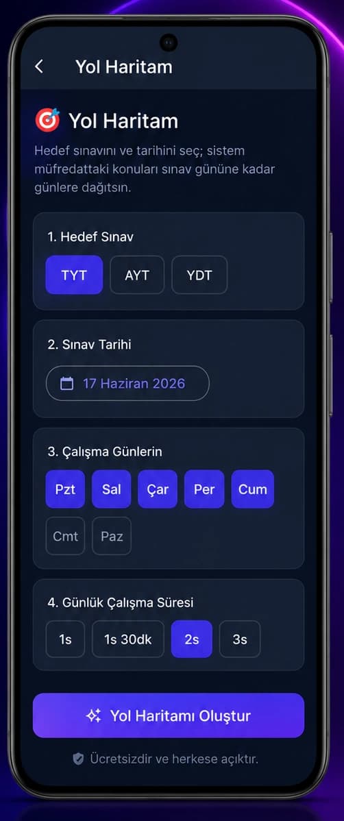 Yol Haritam ekranı: hedef sınav, sınav tarihi, çalışma günleri ve günlük süre seçimi
