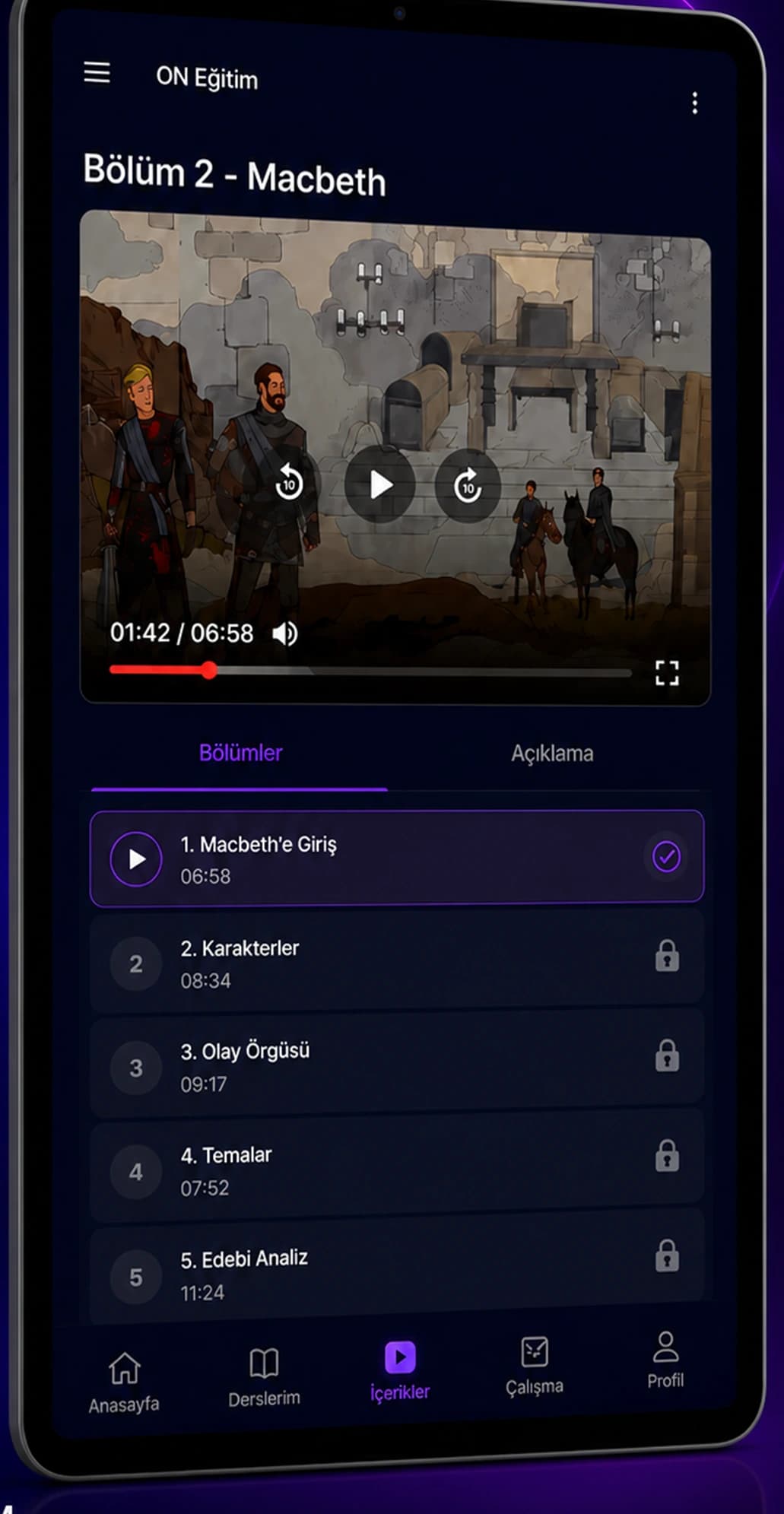 Video ders oynatıcısı ve yanında bölüm listesi